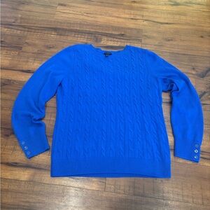 Talbots Cable Knit Sweater Women's XL  Lambs Wool Royal Blue Fisherman Crewneck